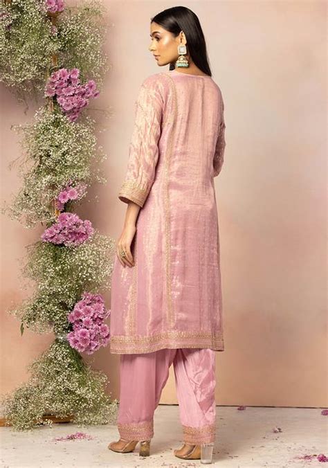 Buy Women Dull Pink Zari Embroidered Brocade Kurta Set With Salwar And