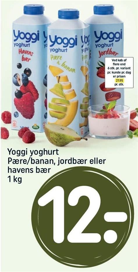 Yoggi yoghurt pære banan jordbær eller havens bær tilbud hos Rema 1000