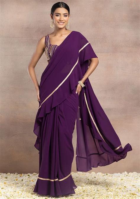 Buy Women Dark Purple Ruffled Pre Stitched Saree Set With Sequin Hand