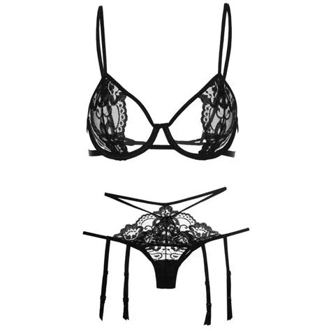Uaang Lace Bra Seducive Lingerie Garter Set Sexy Push Up Underwire Open Cup Bra Underwear
