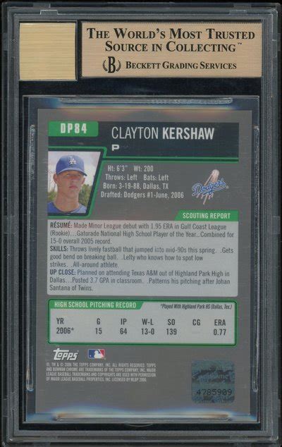 FS 2006 Bowman Chrome Clayton Kershaw AUTO BGS 9 5 10 Blowout Cards