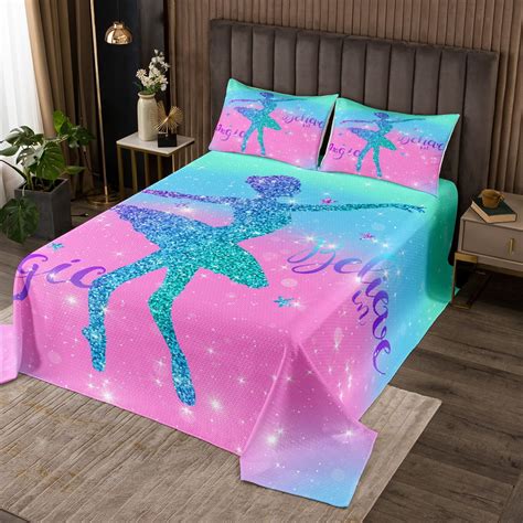 Yst Ballet Girl Silhouette Queen Quilt Set Pink Galaxy Coverlet Set Dreaming Ombre Bedding Set