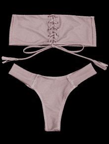 Bandeau Lace Up Bikini Set PINK Bikinis S ZAFUL