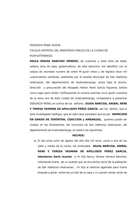 Denuncia Ante El Ministerio Publico Denuncia Penal Nueva Fiscal A