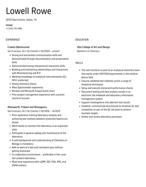 Qc Chemist Resume Samples Velvet Jobs