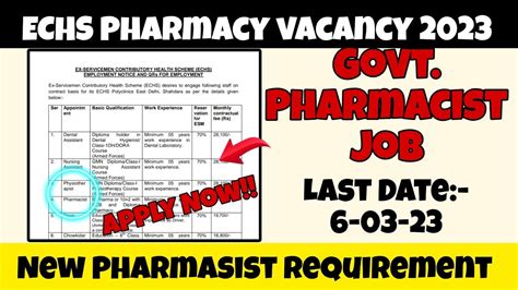 New ECHS Pharmasist Vacancy 2023 Govt Pharmacy Job Pharmasist