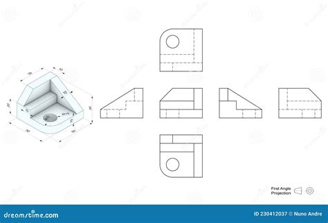 Technical Drawing With Orthographic Views From 3d Model First Angle