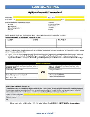 Fillable Online Aacc Camper Health History Form Anne Arundel