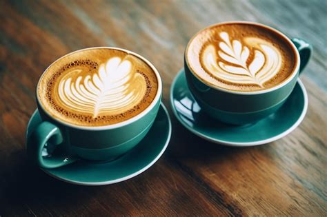 Two Cups Of Cappuccino With Latte Art Premium AI Generated Image