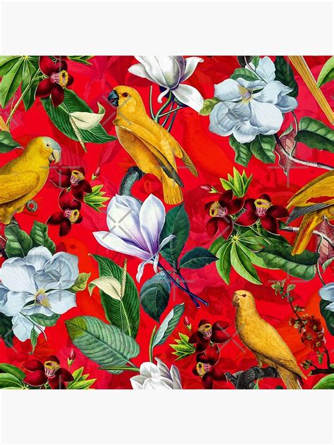 Colorful Yellow Tropical Birds In Red Flower Jungle Poster For Sale