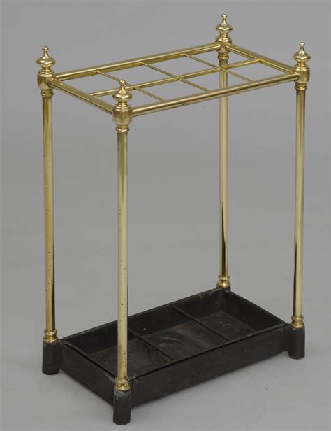 English Brass And Iron Umbrella Stand With Brass Uprights And Finials