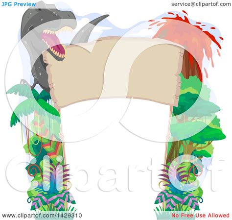 Clipart Of A Tyrannosaurus Rex Jungle And Volcano Border Royalty