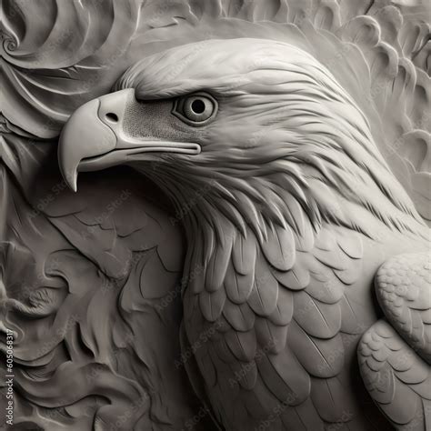 Close Up Eagle Sculpted In Low Relief In Shades Of Gray Grayscale Bas