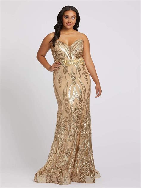 Mac Duggal Trendy Plus Strapless Damask Sequin Trumpet Gown Gold Shop