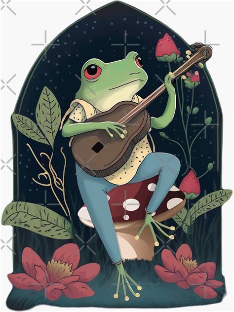 Cottagecore Aesthetic Frog Playing Banjo On Mushroom Cute Vintage