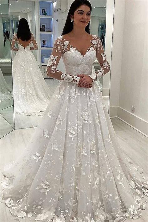 Long Sleeves A Line V Neck Ivory Wedding Dress With Appliques Fancyvestido