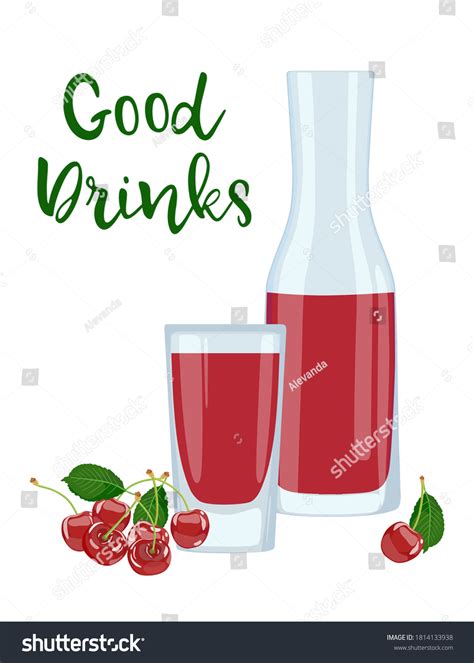 Glass Carafe Glass Cherry Juice Bunches Stock Vector Royalty Free