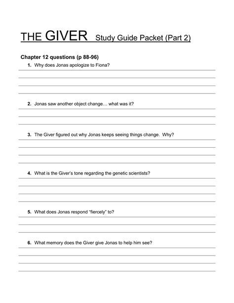 The Giver Study Guide Packet Part 2 Chapter 12 Questions P 88