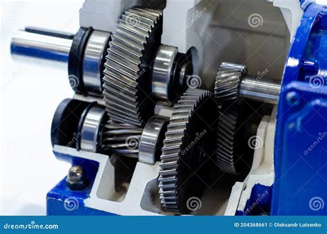 Close Up Of Cross Section Helical Gearbox With Motor Stock Image