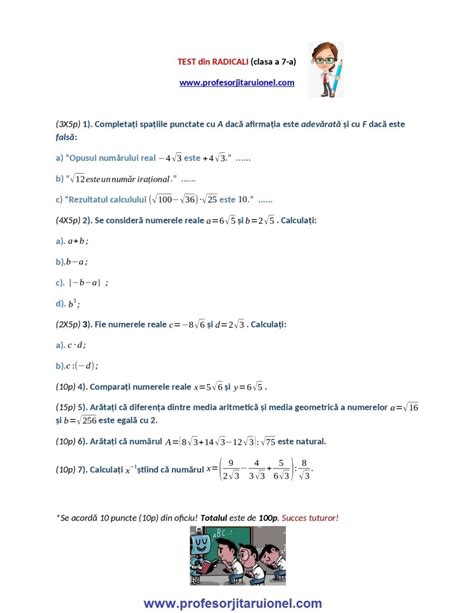 Numere Reale Test Din Capitolul Radicali Clasa A 7 A