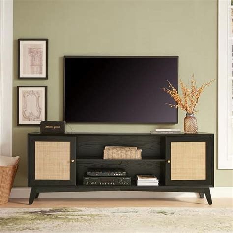 xrboomlife Mid Century Modern TV Stand for 55/60/65 Inch TV Wood Television Stands with Rattan ...