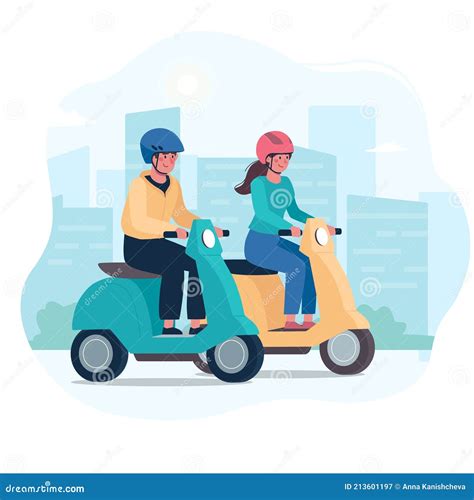 A Couple Ride Modern Mopeds Wearing Helmets Vector Flat Style Stock