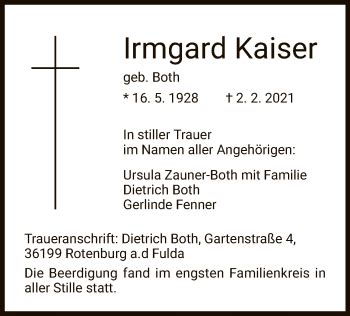 Traueranzeigen Von Irmgard Kaiser Trauer Hna De