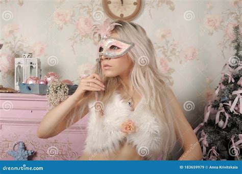 Beautiful Blonde Holds Carnival Mask In Her Face Stock Image Image Of Lady Beauty
