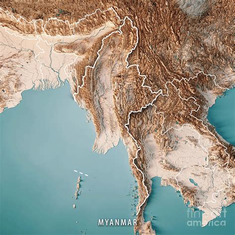 Myanmar 3d Render Topographic Map Neutral Border Digital Art By Frank