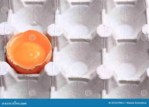 Half Broken Raw Chicken Egg With Yolk In Egg Box Stock Image Image Of