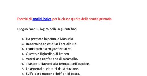 Esercizi Di Analisi Logica Per La Classe Quinta Della Scuola Primaria