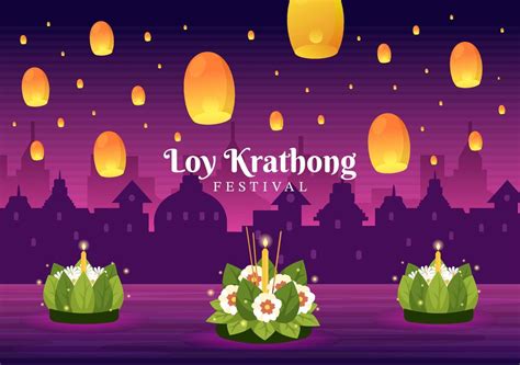 Loy Krathong Festival Celebration in Thailand Template Hand Drawn Cartoon Flat Illustration with ...