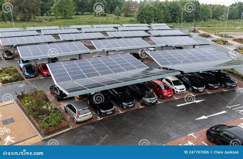 Aerial View Of Solar Panels On A Parking Lot Rooftop Editorial Photo