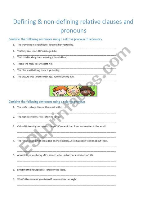 Relative Pronouns Defining Non Defining Relative Clauses Exercises