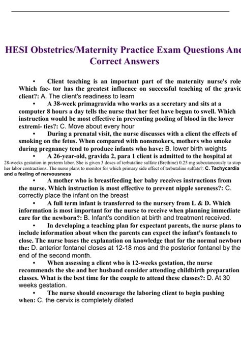 Hesi Obstetrics Maternity Practice Exam Questions And Answers Graded A