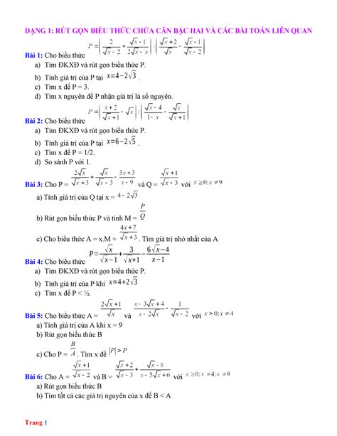 De cuong on Toan 9 giua HK2 DẠNG 1 RÚT GỌN BIỂU THỨC CHỨA