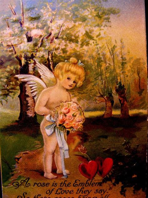 Valentine Postcard Victorian 1910 Cherub Cupid Roses Hearts Gilt