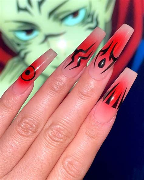 Sukuna Radial Red Blush And Black Geometric Anime Nail Radiate Immense Power In Our Sukuna Set