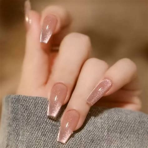 COFFIN MEDIUM NUDE CAT EYE Full Cover Shimmer Nail Tips Press On Glue Set EBay