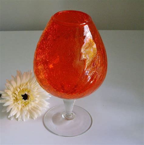 Sale Vintage Orange Vase Crackle Glass Mid Century Art Etsy Mid Century Art Glass Vase