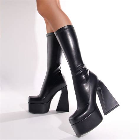 Chunky Platform Heel Boots Pull On Knee High Boots For Party Platform