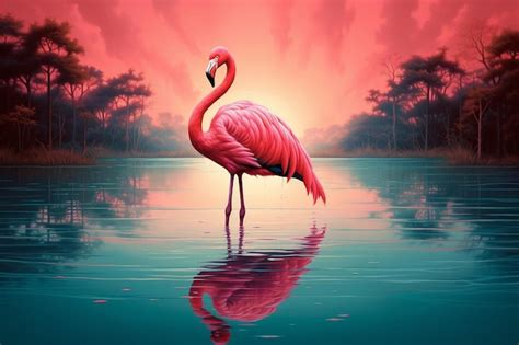 Flamant Debout Dans L Eau Avec Un Fond Rouge Photo Premium