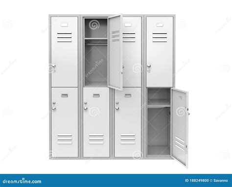 White Metal Locker With Open Doors Two Level Compartment Stock