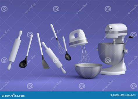 Mixer And Bowl With Kitchen Utensil For Preparation Of Dough On Violet