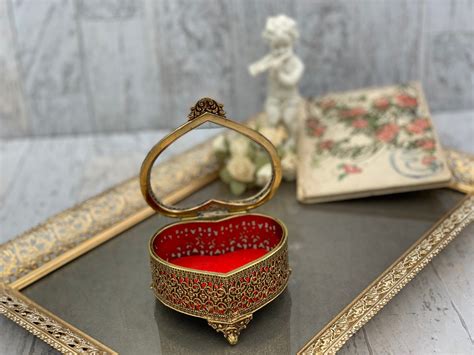 Vintage Heart Shaped Jewelry Casket Gold Ormolu Filigree Trinket Box With Ornate Glass Lid Red