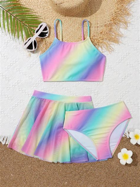 Conjunto de bikini degradado con falda de playa para niña preadolescente playa de verano Moda