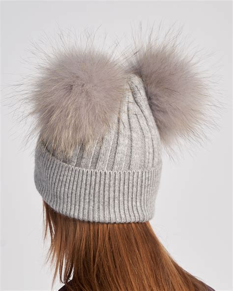 The Ky Double Pom Pom Beanie Hat In Grey FurHatWorld