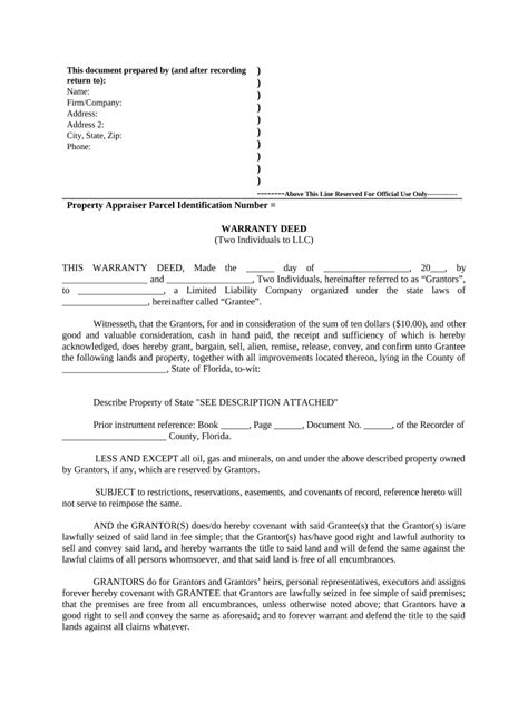 Warranty Deed From Two Individuals To LLC Florida Form Fill Out And