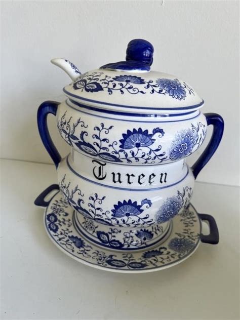 Blue Onion Soup Tureen Blue White Porcelain Soup Tureen Lid Ladle And