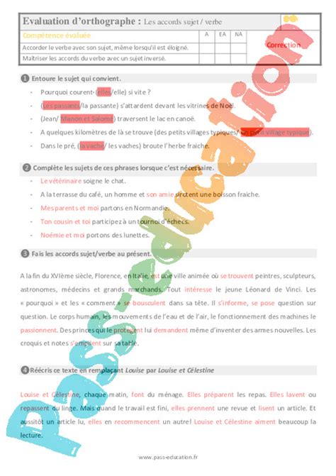 Évaluation bilan sur l accord du sujet avec son verbe Cm1 avec le